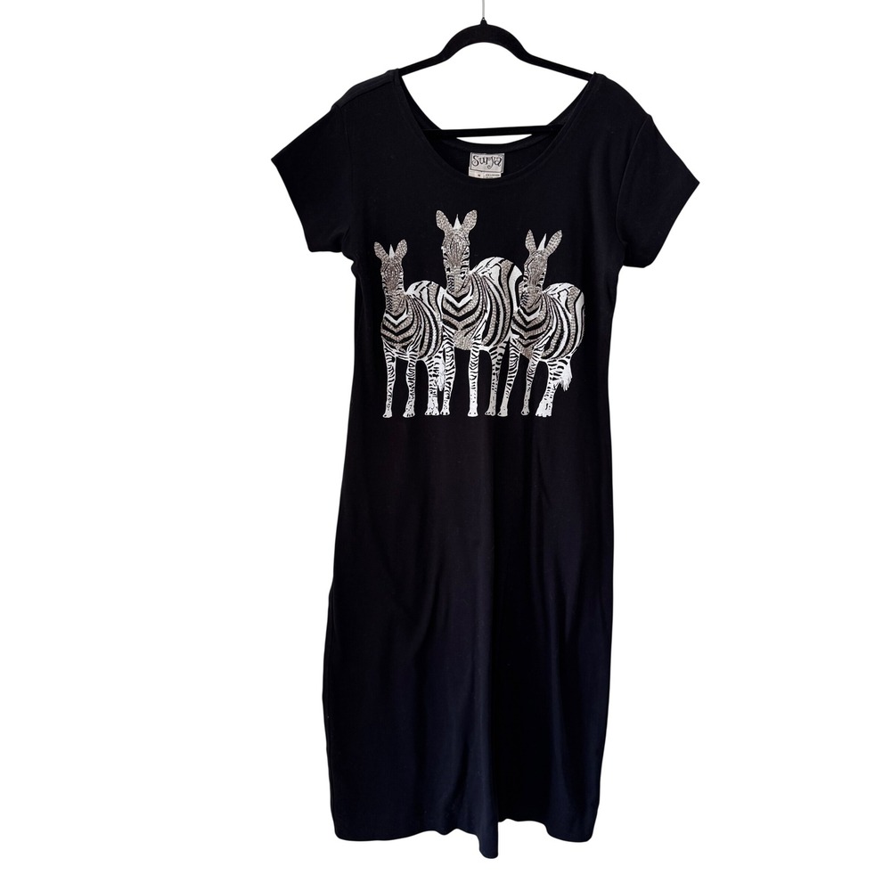 Surya T-Shirt Midi Dress Size M Black Zebra Beads Safari Maximalist Artsy Casual